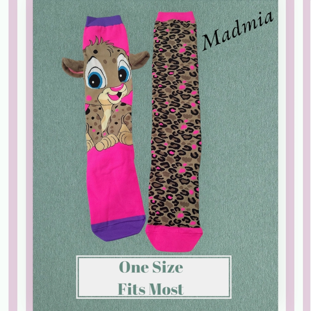 Pink and Brown Crew Socks with Cartoon and Camo Designs